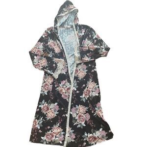 Band Of Gypsies Women's Boho Kimono Floral Hooded Duster Lace‎ Trim Black Medium